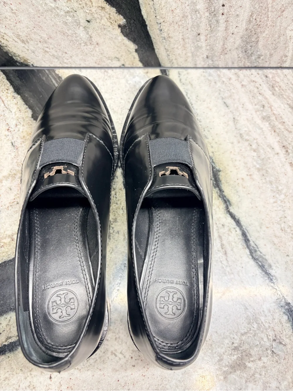 Tory Burch Black Patent Leather Elastic Strap Loafers Shoes 7.5M Italy